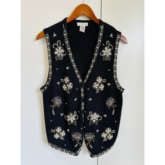Embellished 90s Sweater Vest Vintage Black Knit with Gold Beads Size Medium - Picture 2 of 9